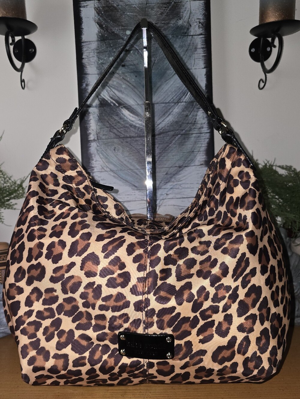 Kate Spade leopard print nylon hobo bag With Storybook Lining.
